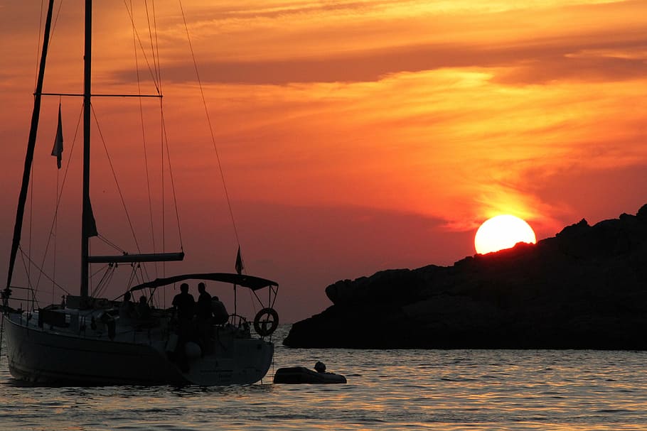 sunset, sea, boat, nautical Vessel, nature, vacations, summer HD wallpaper