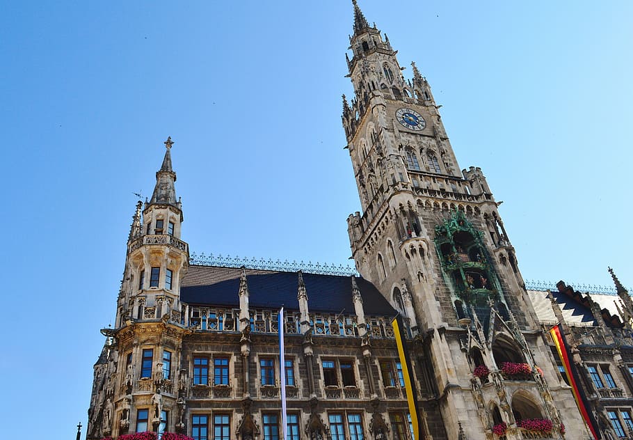 beige and blue building, town hall, clock tower, munich, marienplatz, HD wallpaper