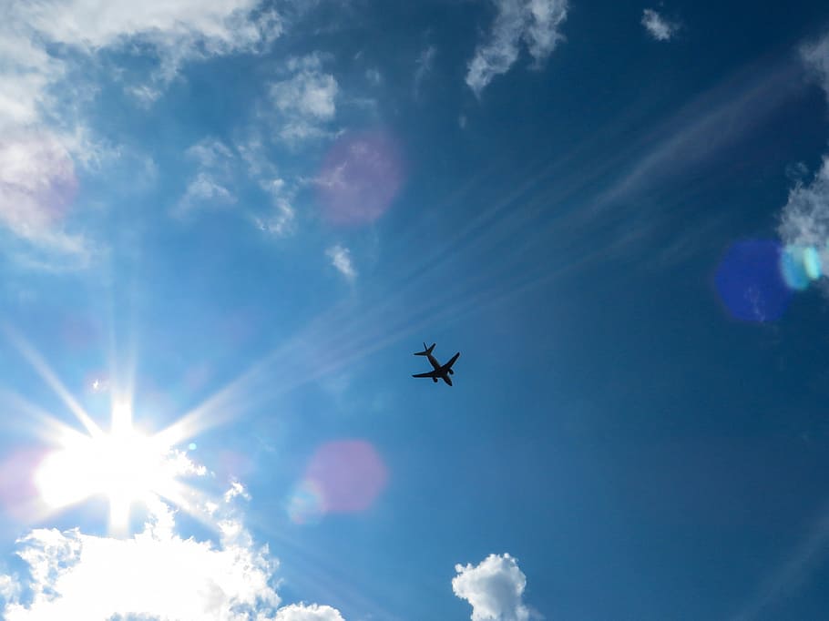 sky, sun, blue, clouds, aircraft, rays, back light, dom, sustainability HD wallpaper