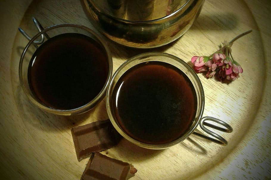 two almost full clear glass mugs, coffe, coffee, cup, cafe HD wallpaper