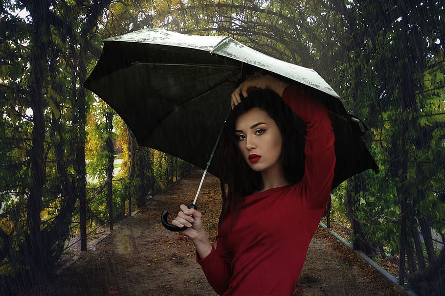 model, umbrella, garden, rain, woman, weather, spring, one person, HD wallpaper
