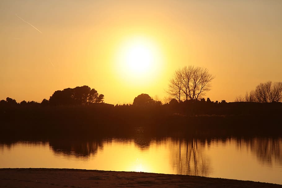 sun, reflection, sunset, winter, shore, sky, backlight, landscape HD wallpaper