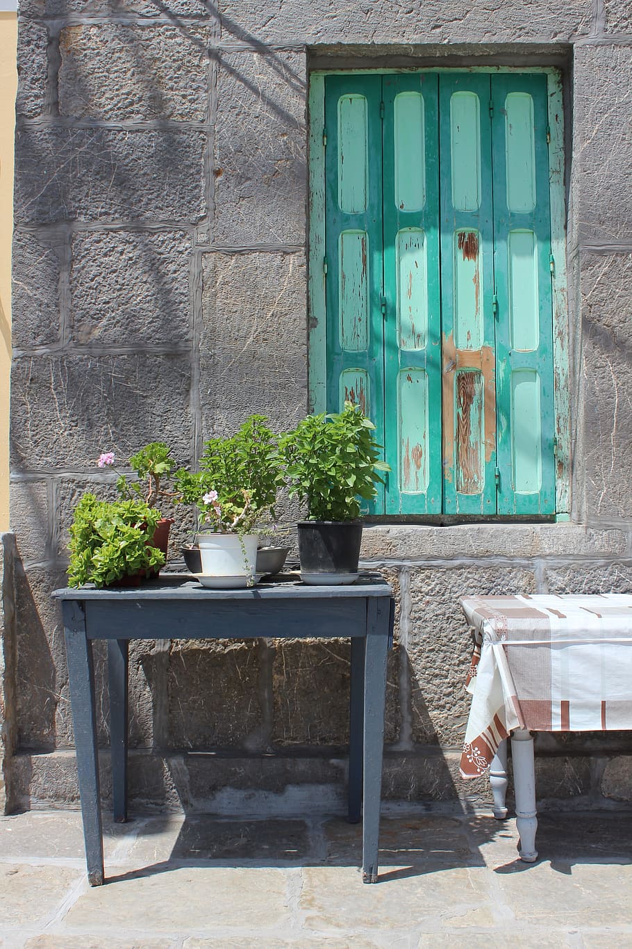 shutters, table, shadows, plants, wooden, table cloth, architecture HD wallpaper