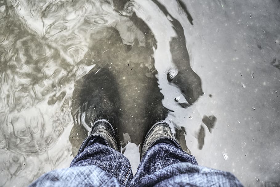person standing on flooded floor, high water, rubber boots, wet, HD wallpaper