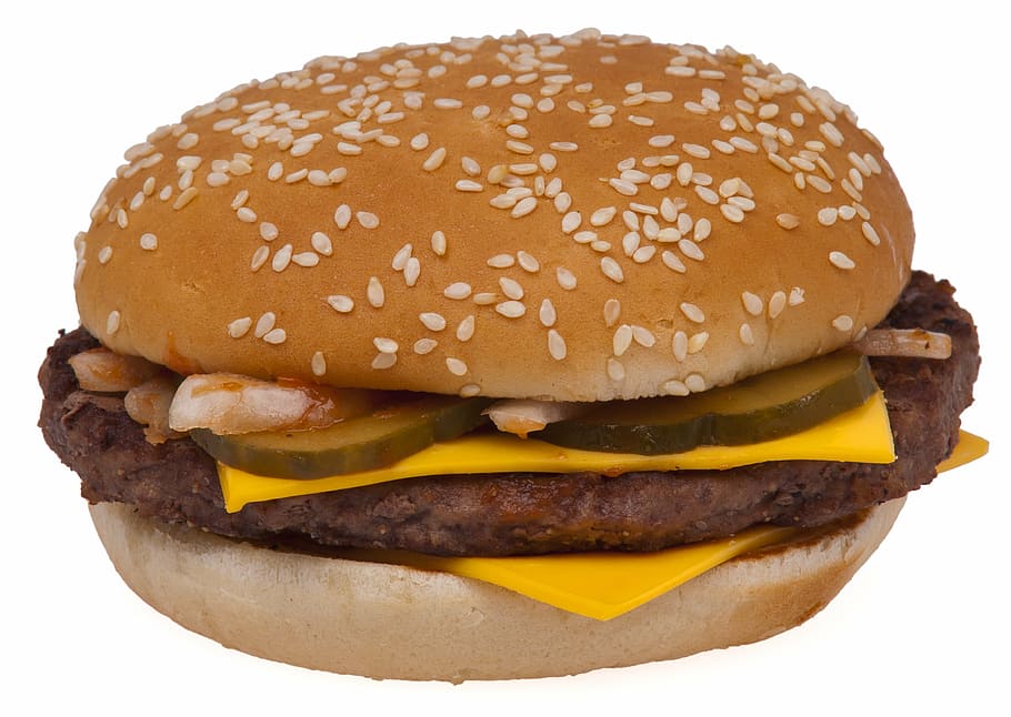 hamburger with cheese and pickles, fast food, unhealthy, eat