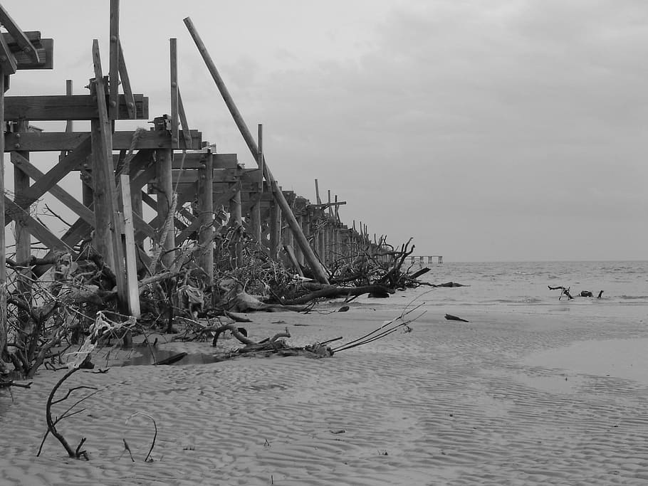 grayscale photo of wrecked wooden dock near seashore, Pier HD wallpaper