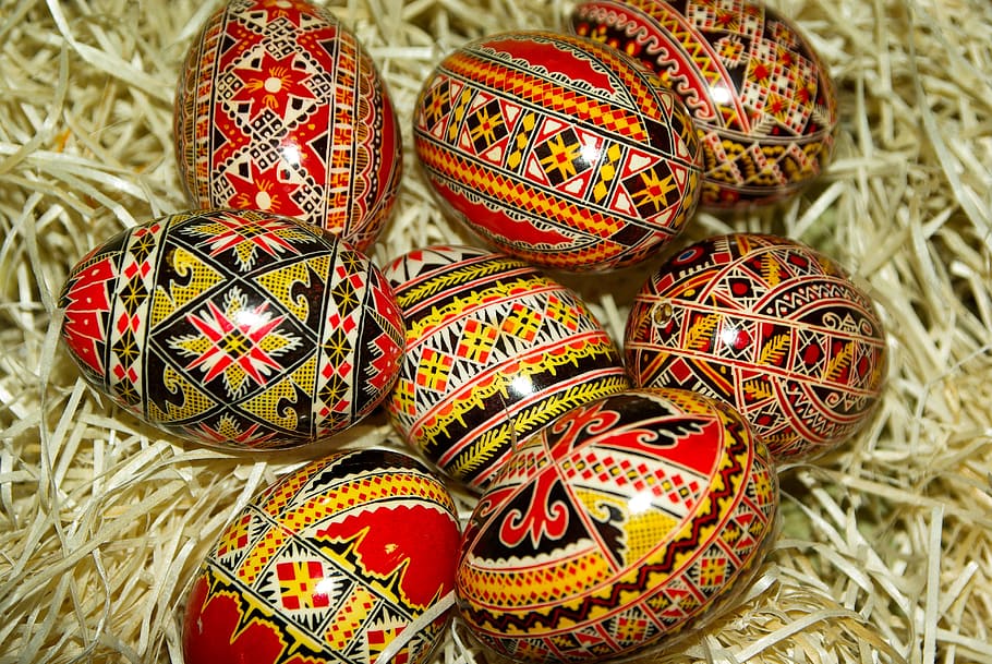 red-yellow-and-black decorative egg lot, romania, painted eggs, HD wallpaper