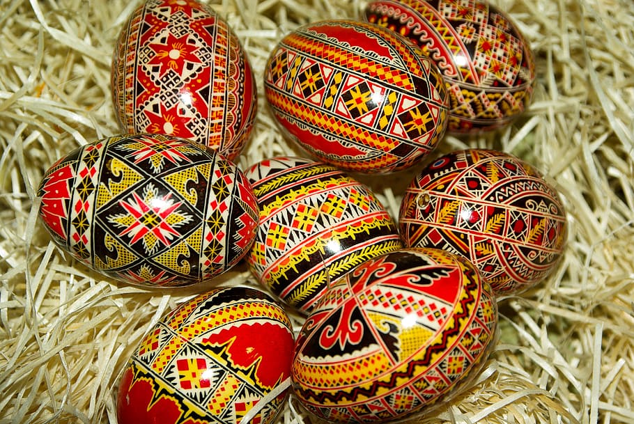 red-yellow-and-black decorative egg lot, romania, painted eggs HD wallpaper