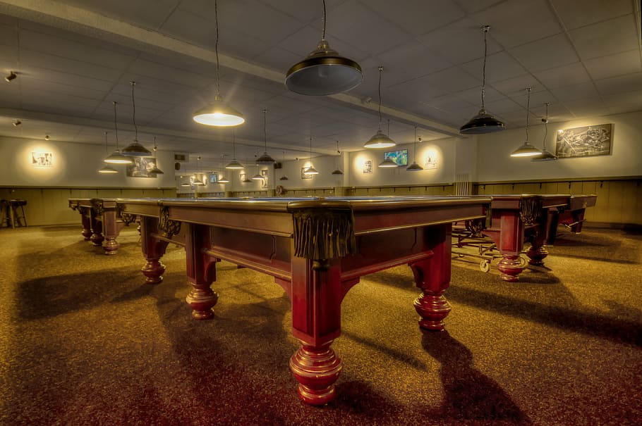 brown wooden pool tables inside room, pool hall, hdr, sport, leisure, HD wallpaper