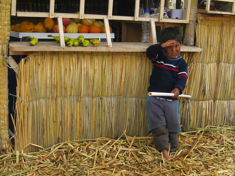 peru, boy, hut, reed, island, child, peruvians, human, one person HD wallpaper