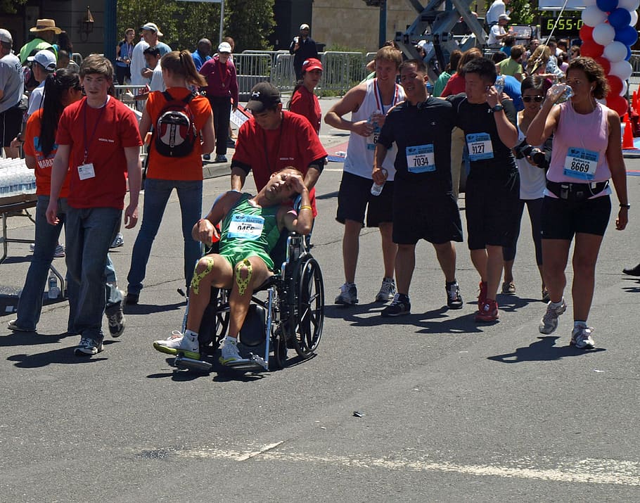 marathon, race, runner, exhausted, wheelchair, finish, san francisco HD wallpaper