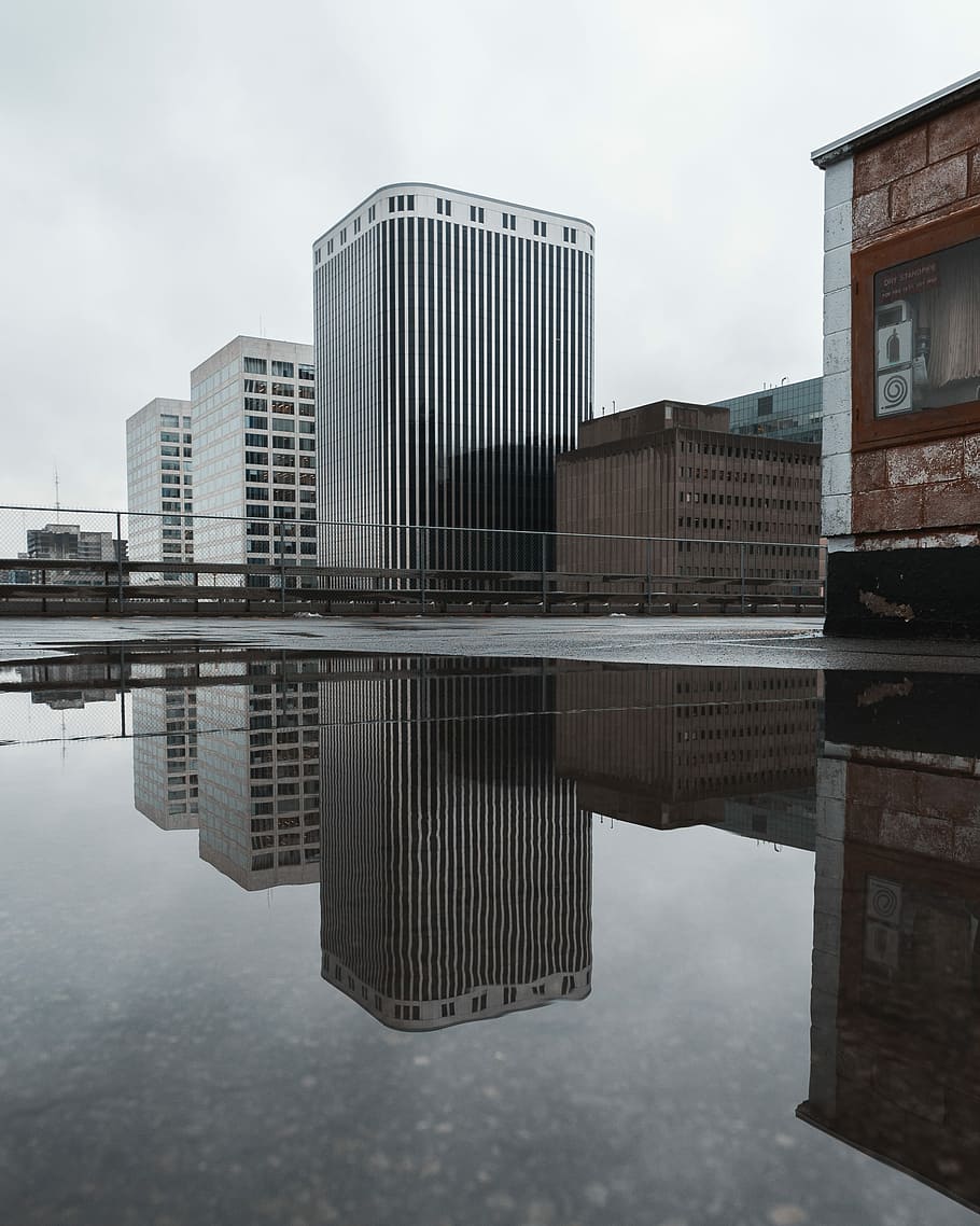 worm's eyeview of buildings, gray high-rise building near body of water HD wallpaper