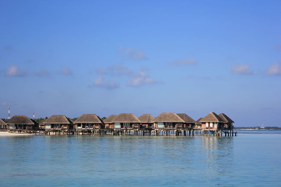Bridge, Sunset, Maldives, built structure, water, house, outdoors HD wallpaper
