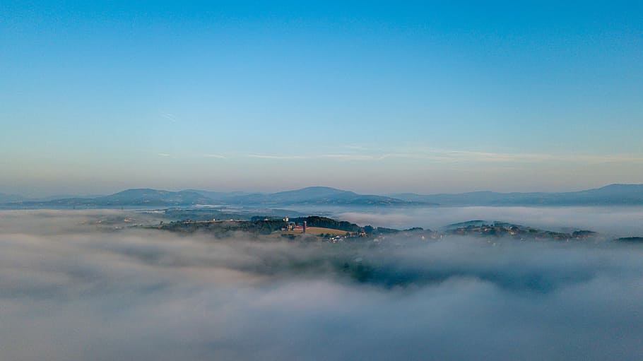 Landscape, aerial photo of buildings covered in mist, cloud, sunset HD wallpaper