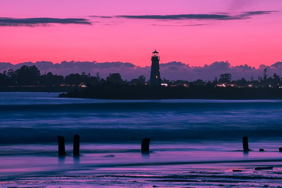 silhouette photo of lighthouse during golden hour, silhouette photography of lighthouse HD wallpaper