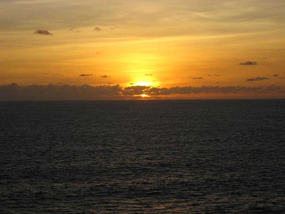sunset, ocean, horizon, sky, beauty in nature, water, sea, orange color HD wallpaper
