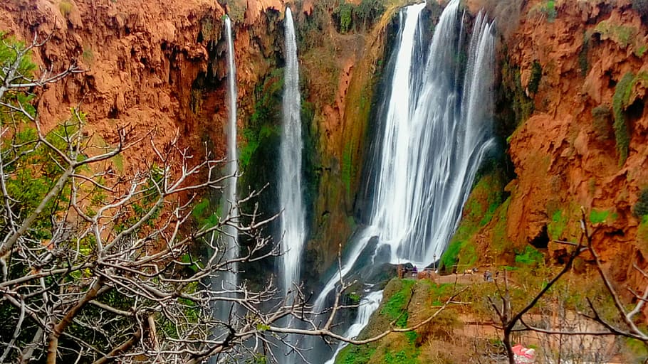 red, waterfall, rocks, the beauty of nature, cascade, www, the contrast of colors HD wallpaper