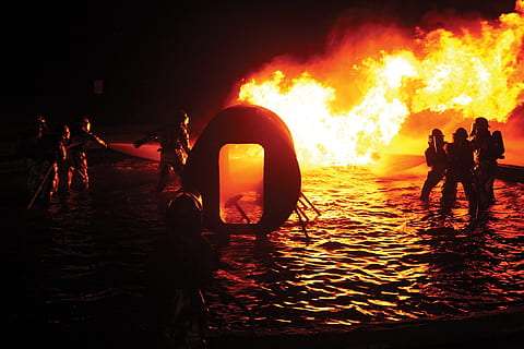 fire fighter near flame, firefighters, training, live, controlled HD wallpaper