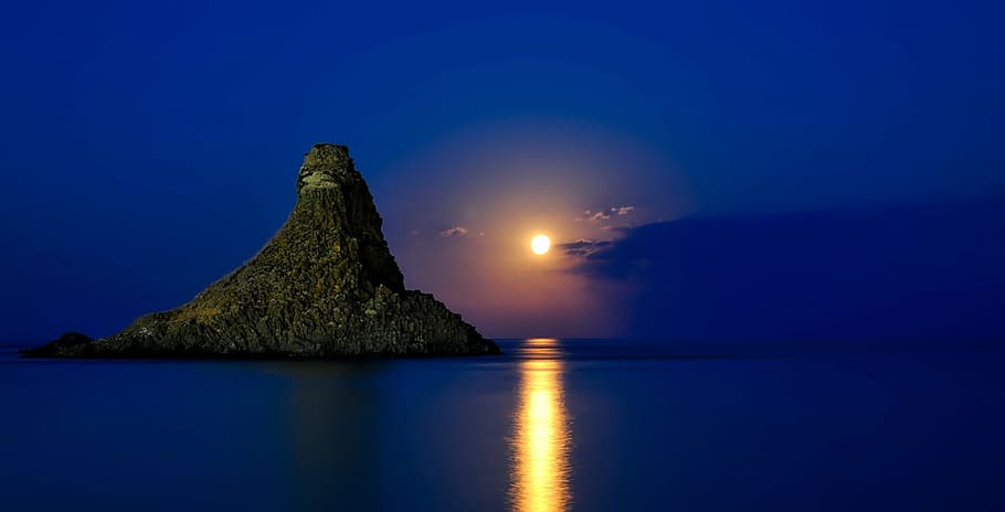 mountain horizon during night time, italy, sicily, sea, ocean, HD wallpaper