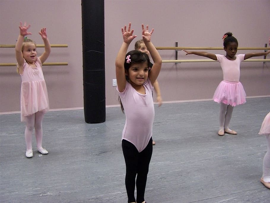 four girls inside room, dance, lesson, studio, young, adorable HD wallpaper