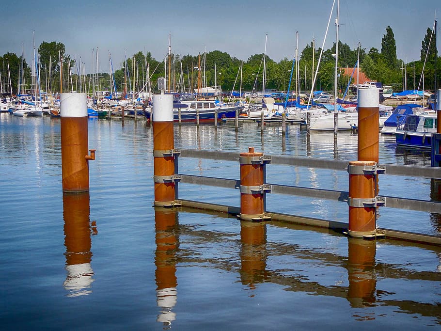 Netherlands, Harbor, Bay, Trees, Boats, ships, spring, summer HD wallpaper