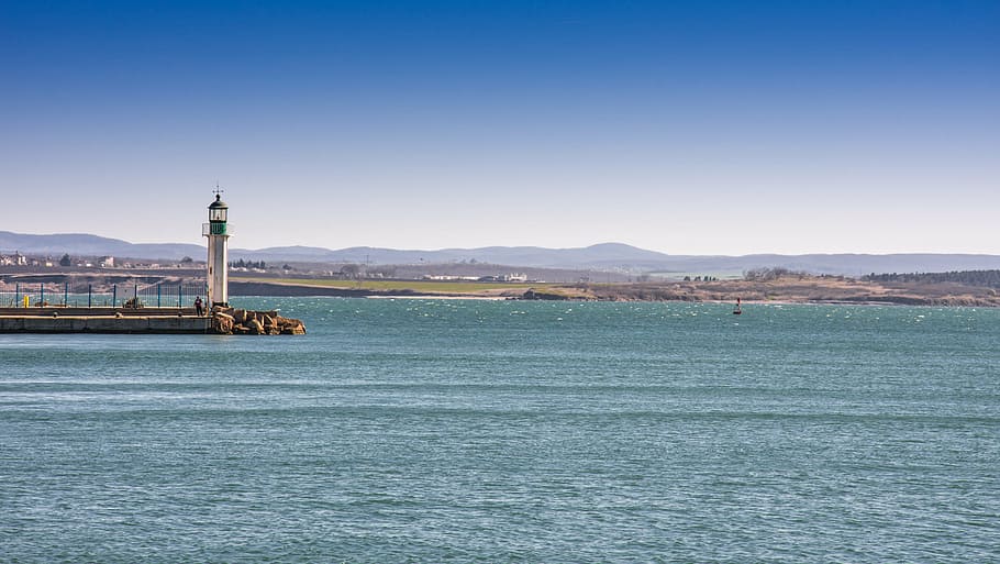 white and gray lighthouse near body of water, port, burgas, bulgaria