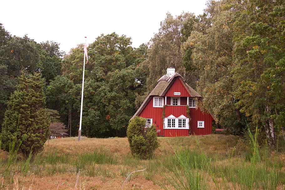 cottage, plot, trees, red, denmark, natural, sky, vegetation, HD wallpaper