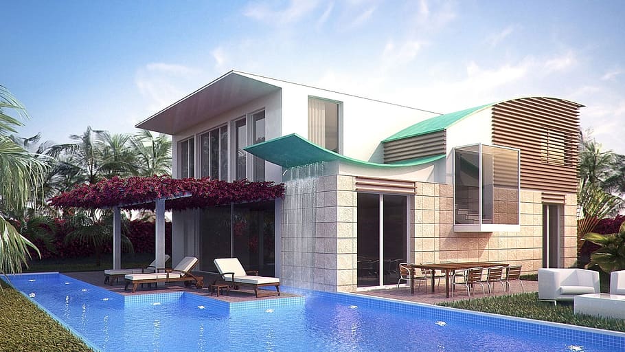 photography of white concrete house, architecture, drawing HD wallpaper