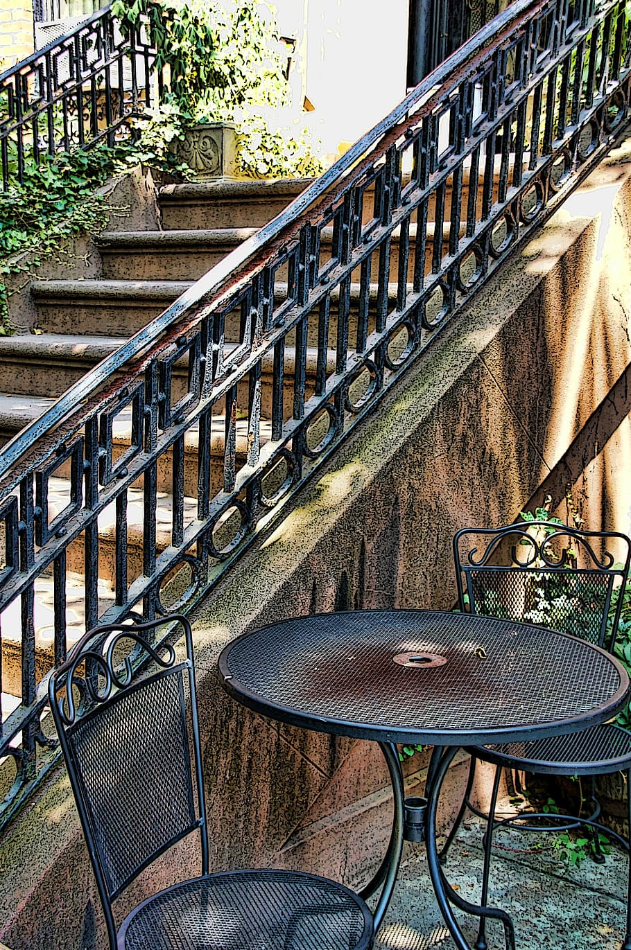 stairs, table, chairs, railing, new york, brooklyn, architecture HD wallpaper