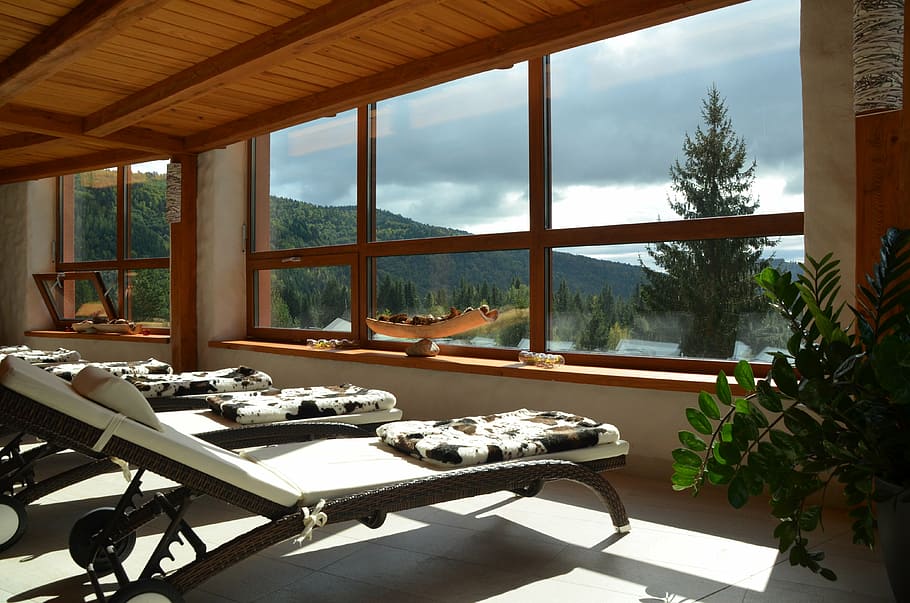 white lounge chair, spa, relax, window view, interior design HD wallpaper