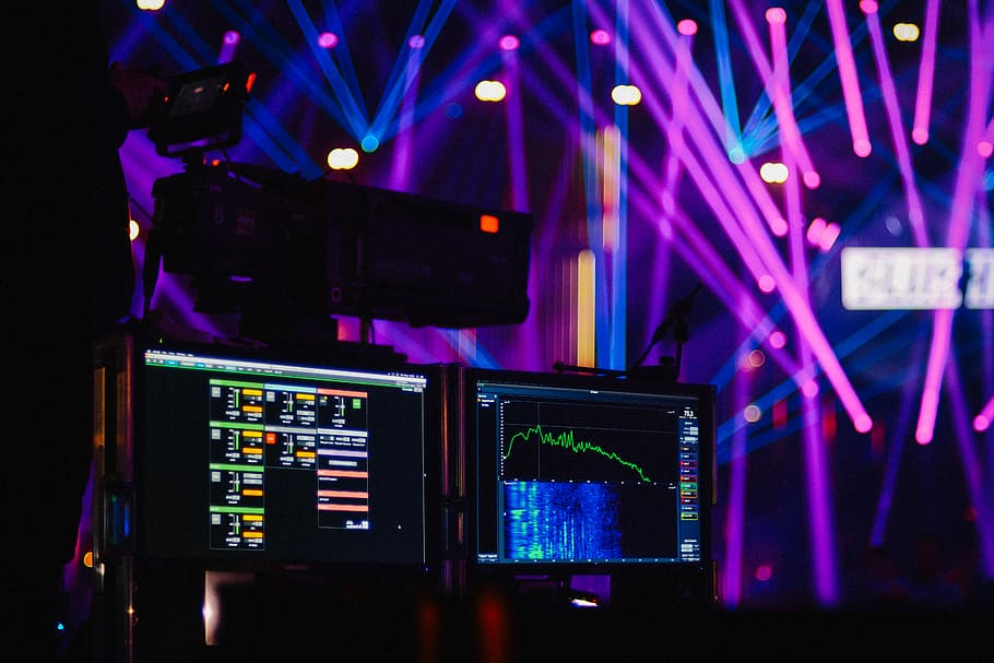 two flat screen monitors in disco room, shallow focus photography of computer showing audio mixer, HD wallpaper