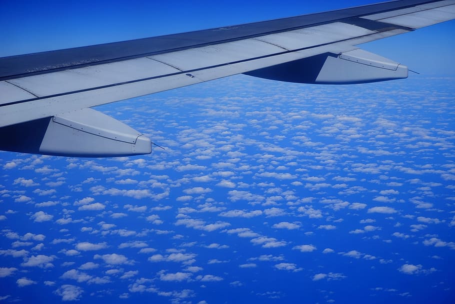 Fly, Aircraft, Wing, Clouds, sky, blue, airplane, flying, commercial Airplane HD wallpaper
