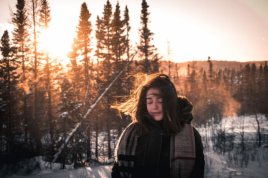 woman in black snow jacket standing in front of pine trees, woman in black jacket during sunrise HD wallpaper
