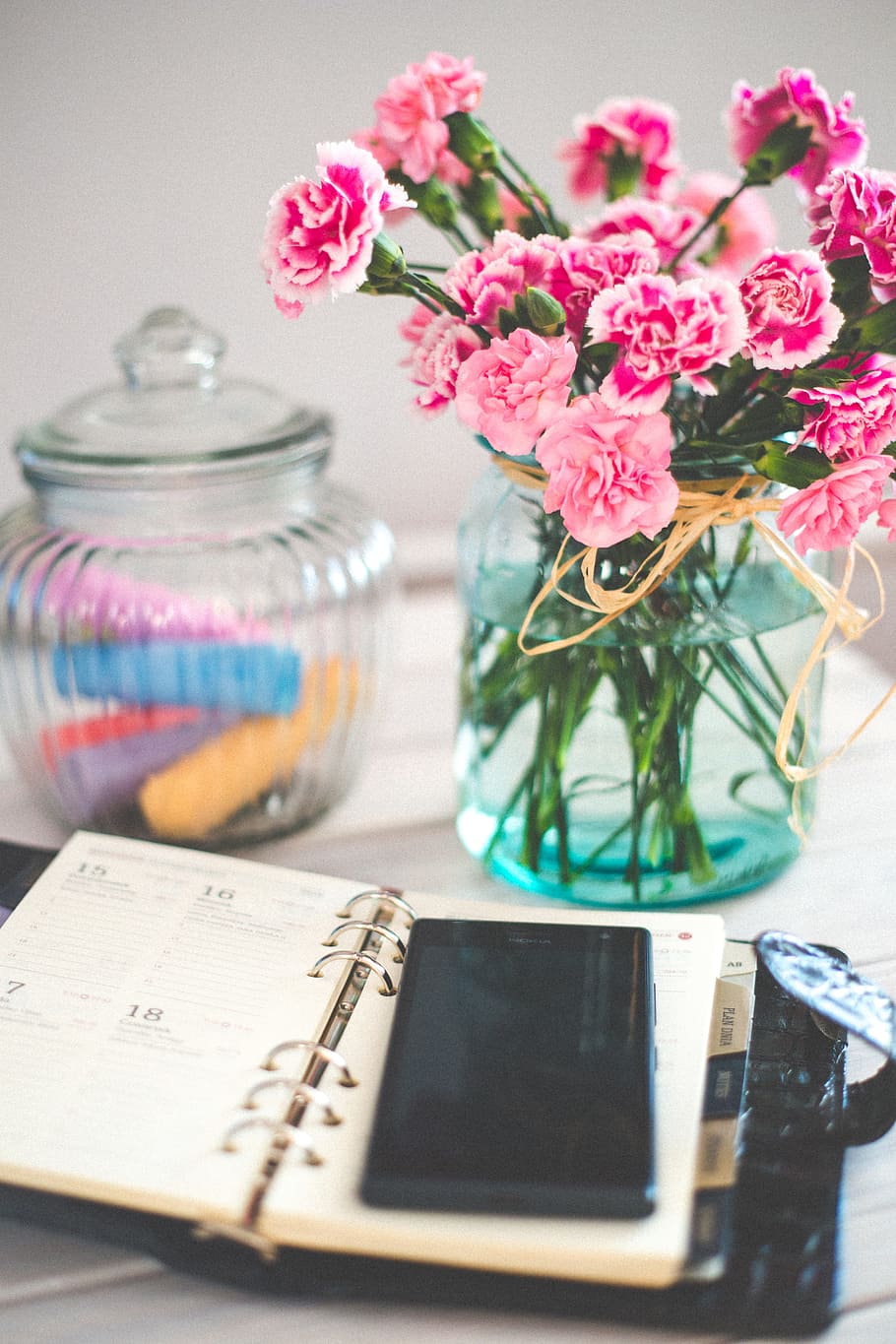 pink carnation flowers in vase, smartphone, mobile, notepad HD wallpaper
