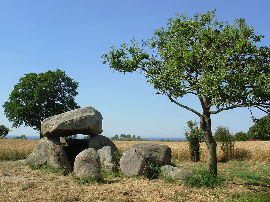 stone grave, cornfield, dolmen, dolmen tomb, summer, sun, religion