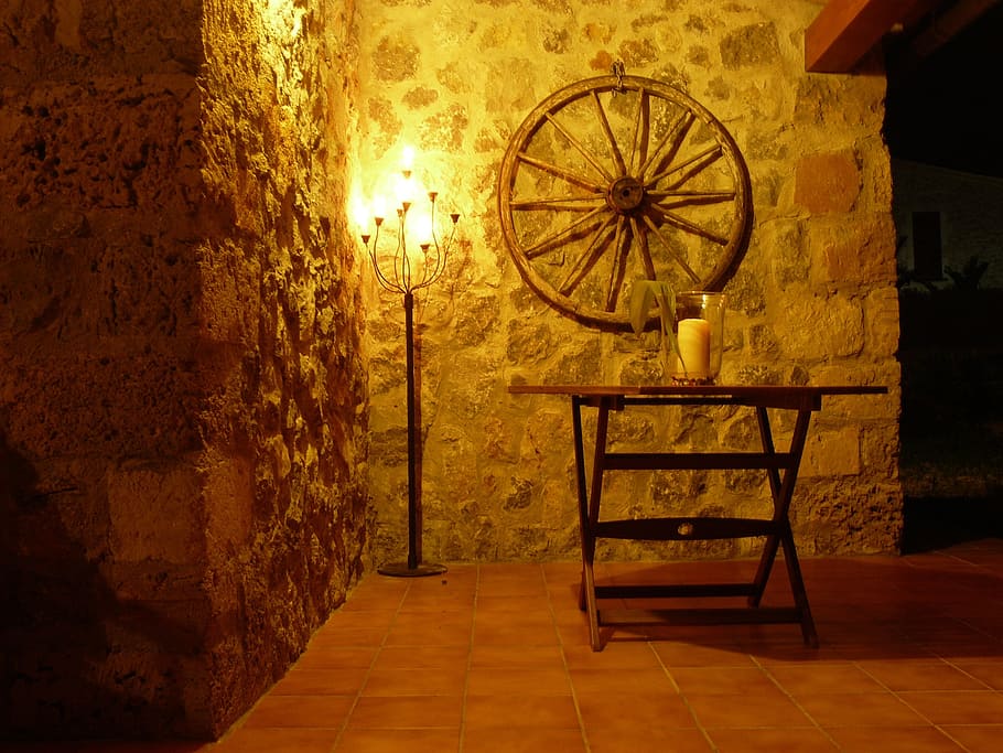table beside floor lamp, home, building, wall, facade, architecture HD wallpaper