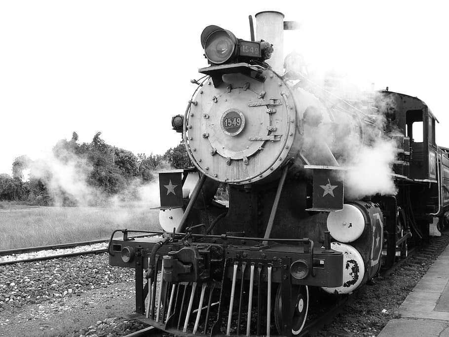 grayscale photography train, steam, cuba, steam train, train - vehicle HD wallpaper