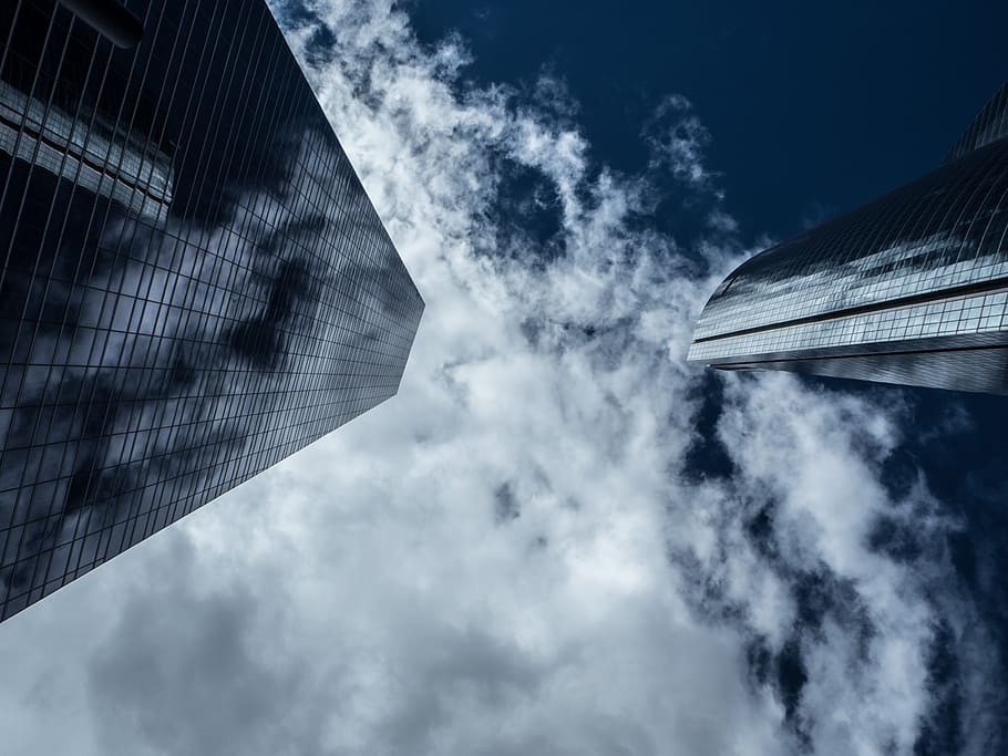 low angle photograph of building and clouds, torres, madrid HD wallpaper