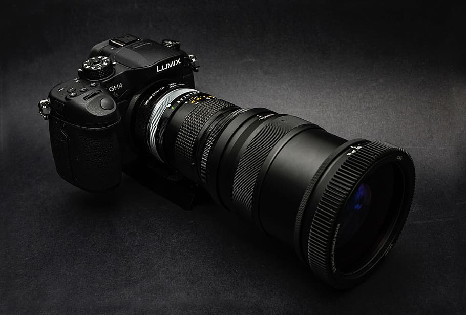 black Lumix DSLR camera on black surface, lens, manual, shutter, HD wallpaper