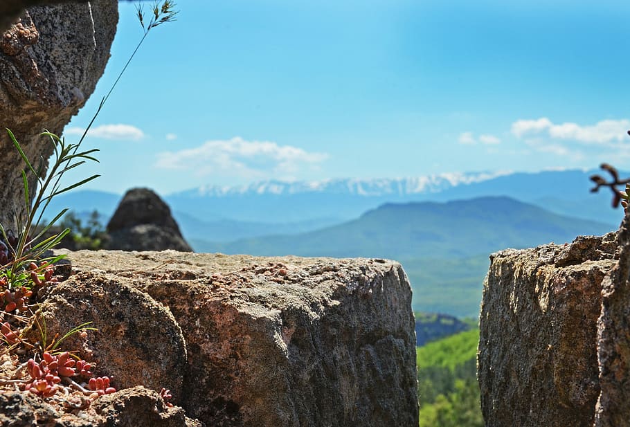 fortress, window, mountains, spring, grass, granite, clouds HD wallpaper