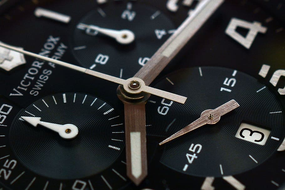black Victorinox analog chronograph watch, clock, time, masculine