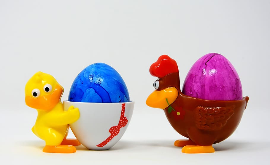 bird and chicken ceramic cups with painted eggs, easter egg HD wallpaper