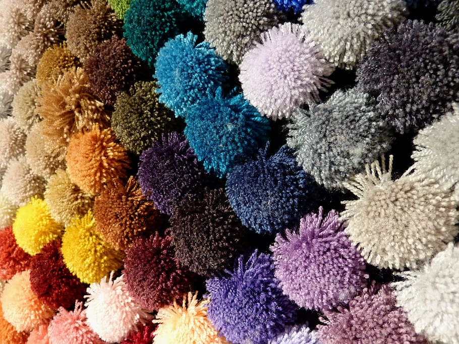 bobble, wool, cat's cradle, knit, colorful, hand labor, fluffy HD wallpaper