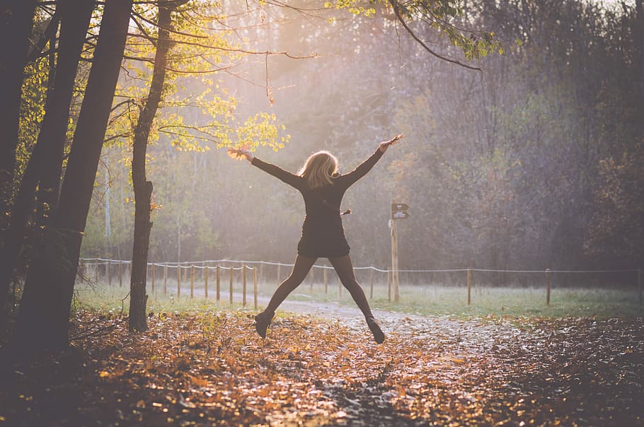 woman jumping under tree surrounded with dried leaves, woman jumping on withered leaves under trees HD wallpaper