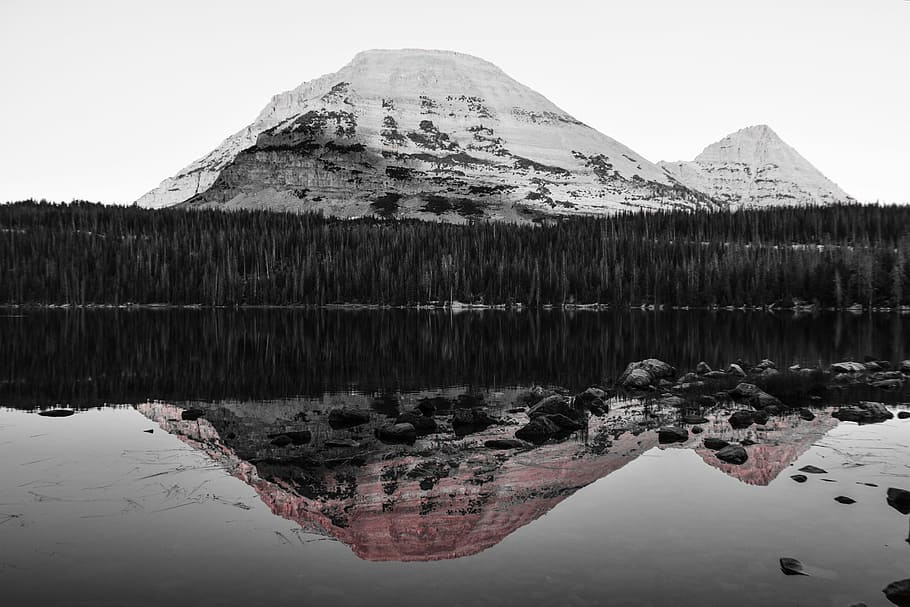 Mount Bald at dawn, snow capped mountain beside body of water HD wallpaper