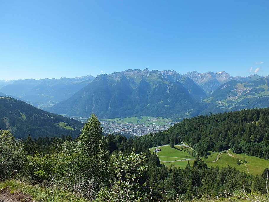 alpine, austria, show, landscape, mountains, green, village HD wallpaper