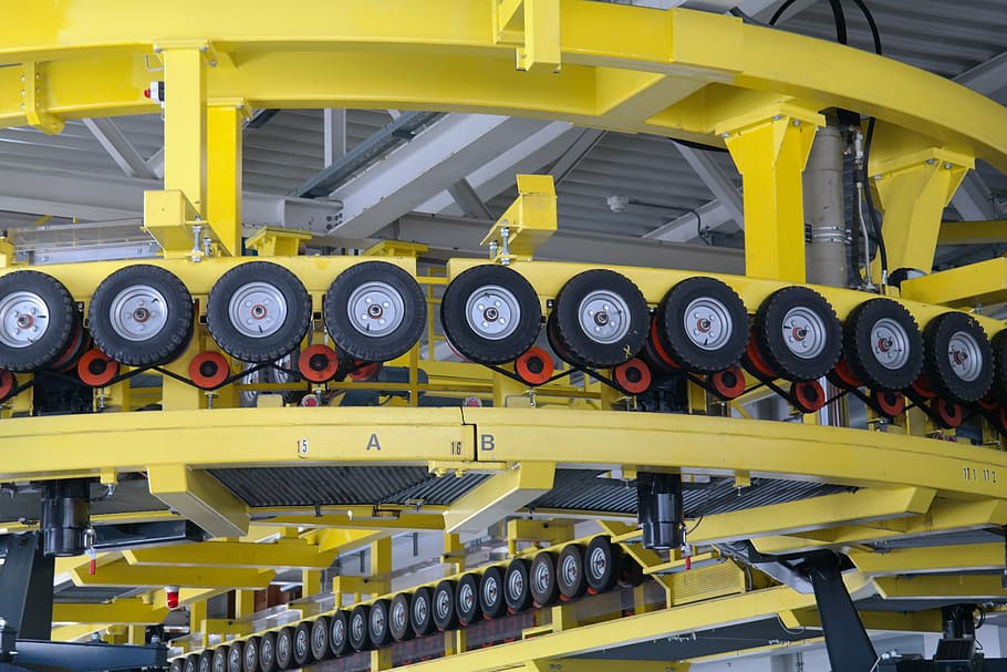 redirection, cable car, yellow, roll, wheels, technology, industry HD wallpaper