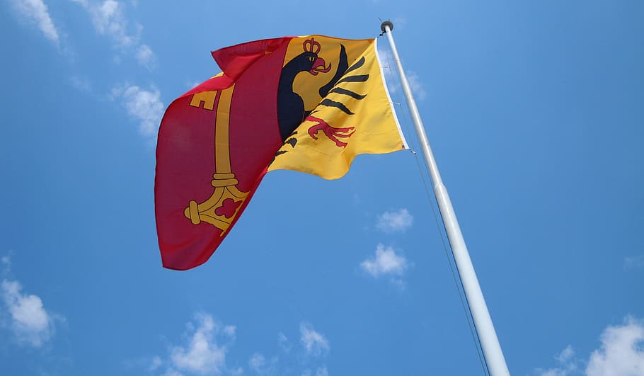 flag, geneva, sky, blue, low angle view, cloud - sky, red, nature HD wallpaper
