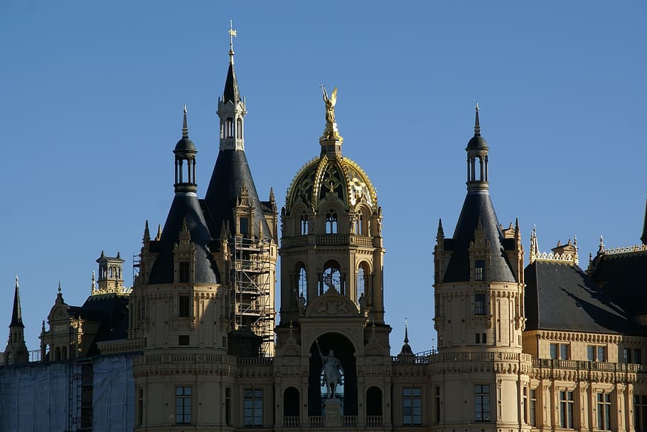 schwerin, castle, germany, dome, cupola, roofs, towers, turrets, HD wallpaper
