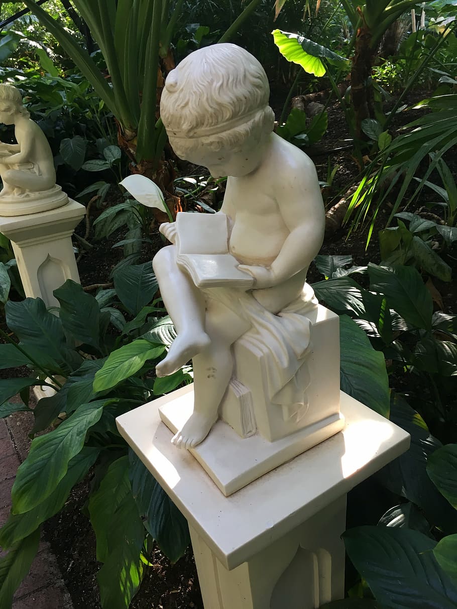read, book, sitting, child reading, statue, garden, reading book HD wallpaper